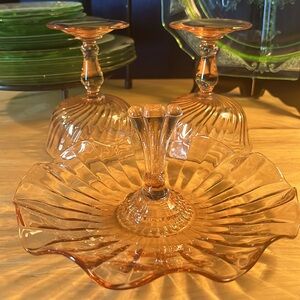 3 piece pink depression glass bon-bon sandwich tray candy dish & 2 wine glasses